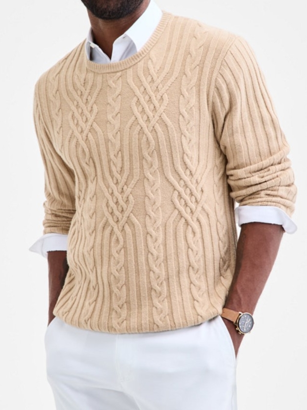 Club Room Men's Cable Crewneck Sweater in Beige - Size M | Cozy Casual Business